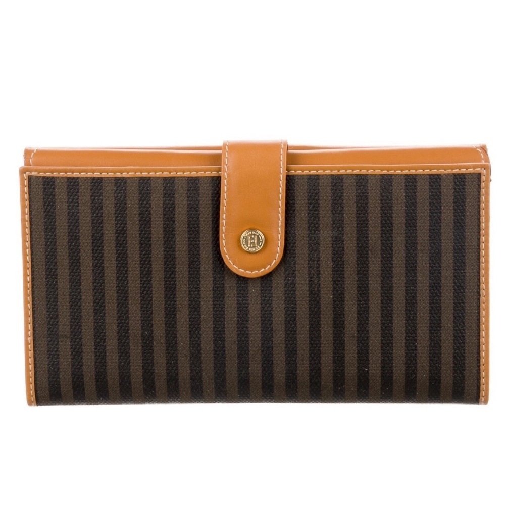 EUC FENDI Pequin Stripe Brown Tan Black French Canvas Leather Long Wallet